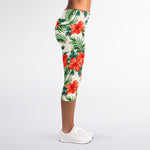 Tropical Hibiscus Blossom Pattern Print Women's Capri Leggings