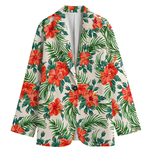 Tropical Hibiscus Blossom Pattern Print Women's Cotton Blazer