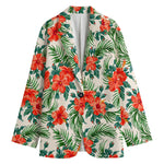 Tropical Hibiscus Blossom Pattern Print Women's Cotton Blazer