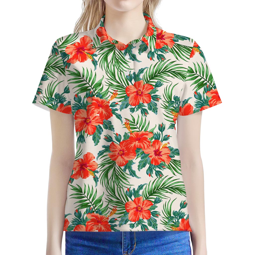Tropical Hibiscus Blossom Pattern Print Women's Polo Shirt