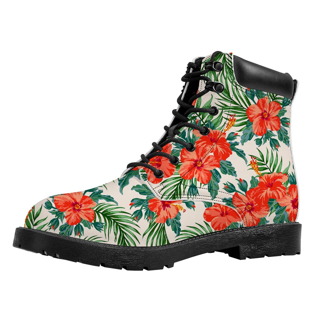 Tropical Hibiscus Blossom Pattern Print Work Boots