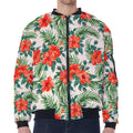 Tropical Hibiscus Blossom Pattern Print Zip Sleeve Bomber Jacket