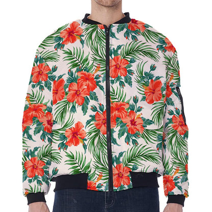 Tropical Hibiscus Blossom Pattern Print Zip Sleeve Bomber Jacket