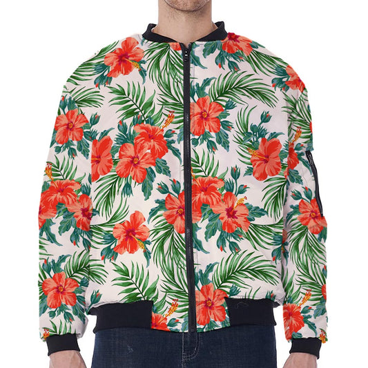 Tropical Hibiscus Blossom Pattern Print Zip Sleeve Bomber Jacket