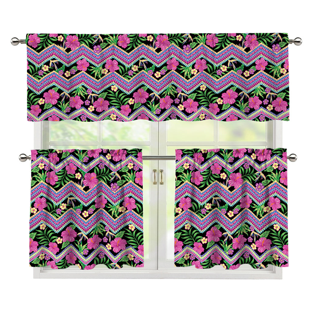 Tropical Hibiscus Flowers Aztec Print 3 Piece Kitchen Curtains