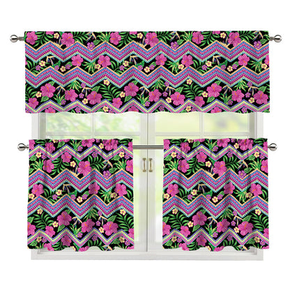 Tropical Hibiscus Flowers Aztec Print 3 Piece Kitchen Curtains
