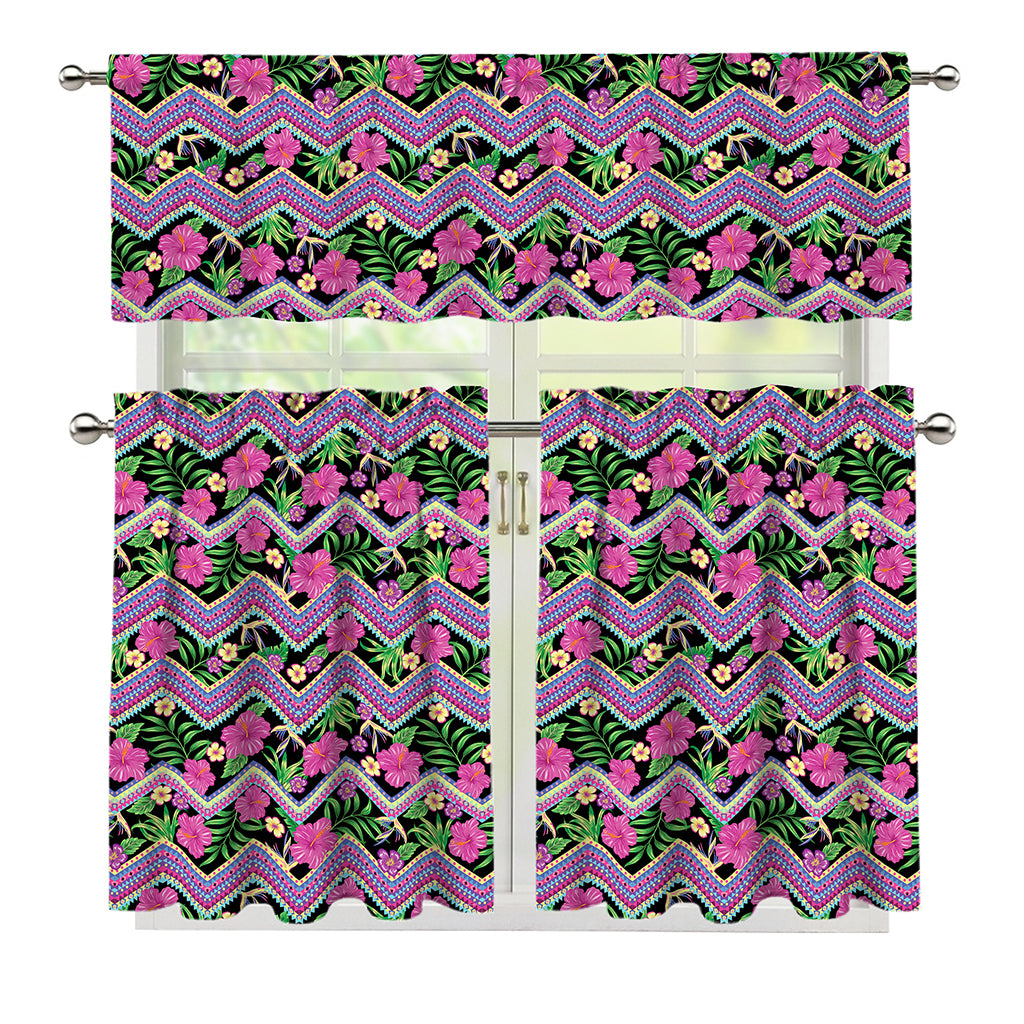 Tropical Hibiscus Flowers Aztec Print 3 Piece Kitchen Curtains