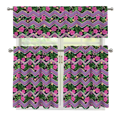Tropical Hibiscus Flowers Aztec Print 3 Piece Kitchen Curtains