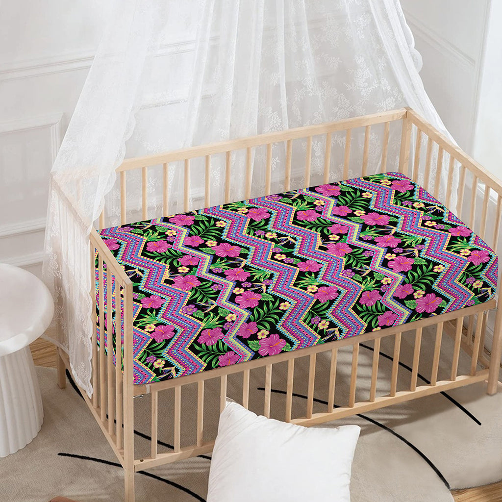 Tropical Hibiscus Flowers Aztec Print Baby Crib Sheet