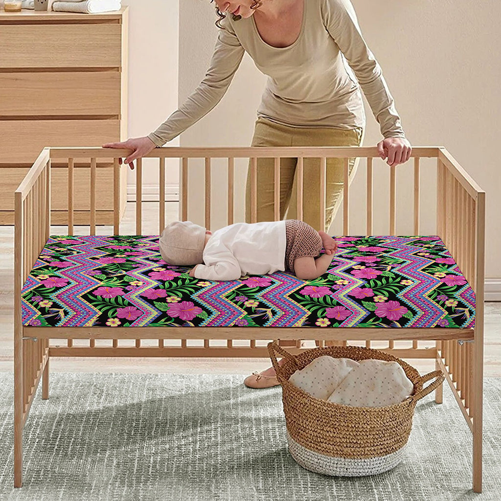 Tropical Hibiscus Flowers Aztec Print Baby Crib Sheet