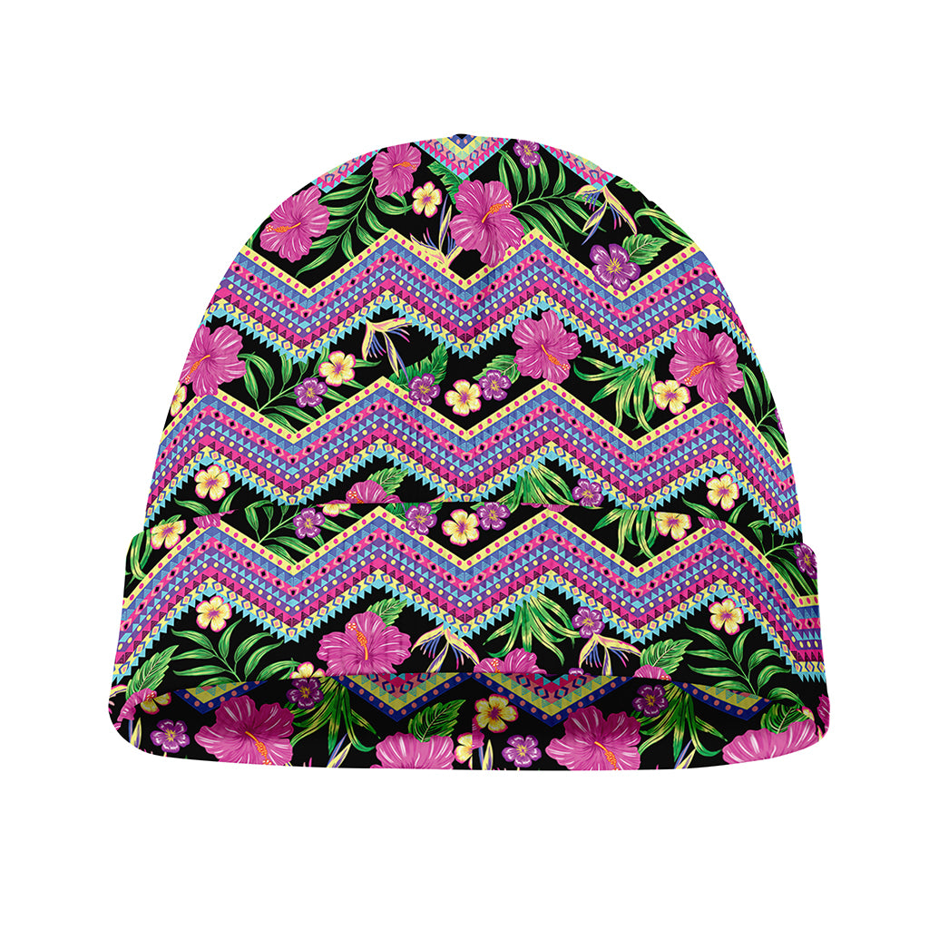 Tropical Hibiscus Flowers Aztec Print Beanie