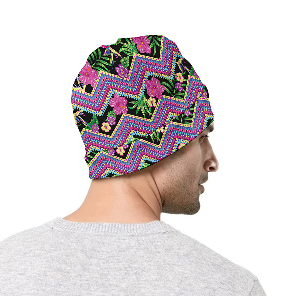 Tropical Hibiscus Flowers Aztec Print Beanie