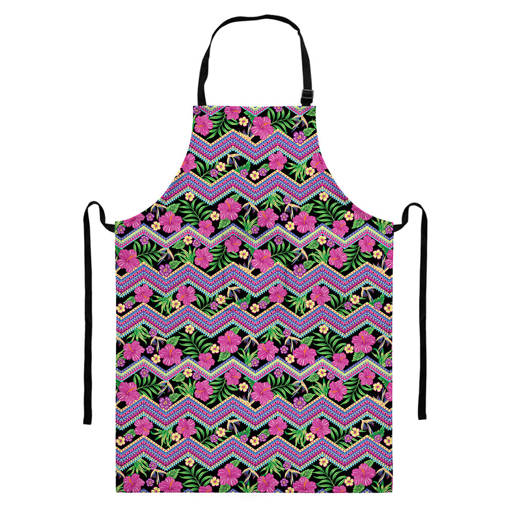 Tropical Hibiscus Flowers Aztec Print Bib Apron With Pocket