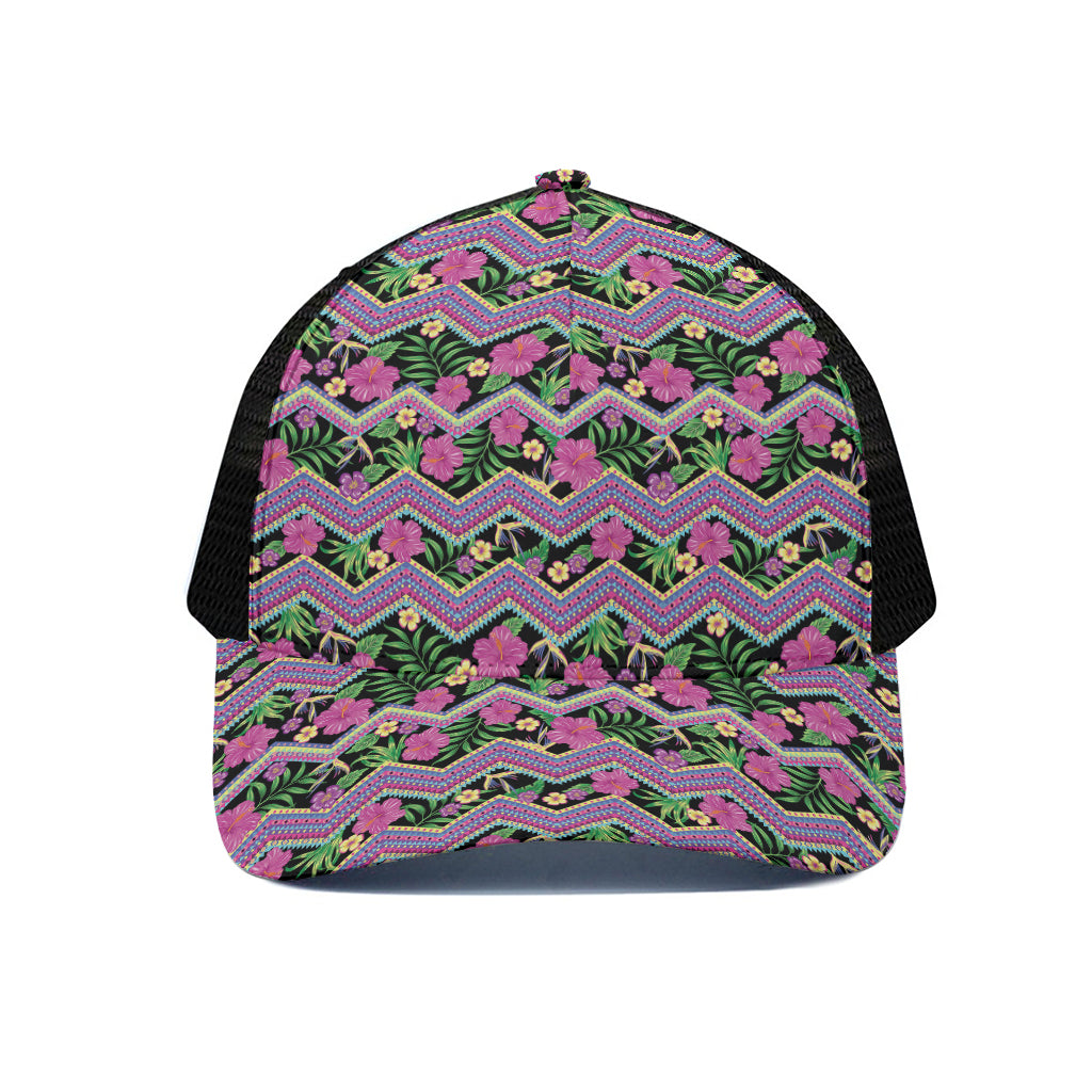 Tropical Hibiscus Flowers Aztec Print Black Mesh Trucker Cap