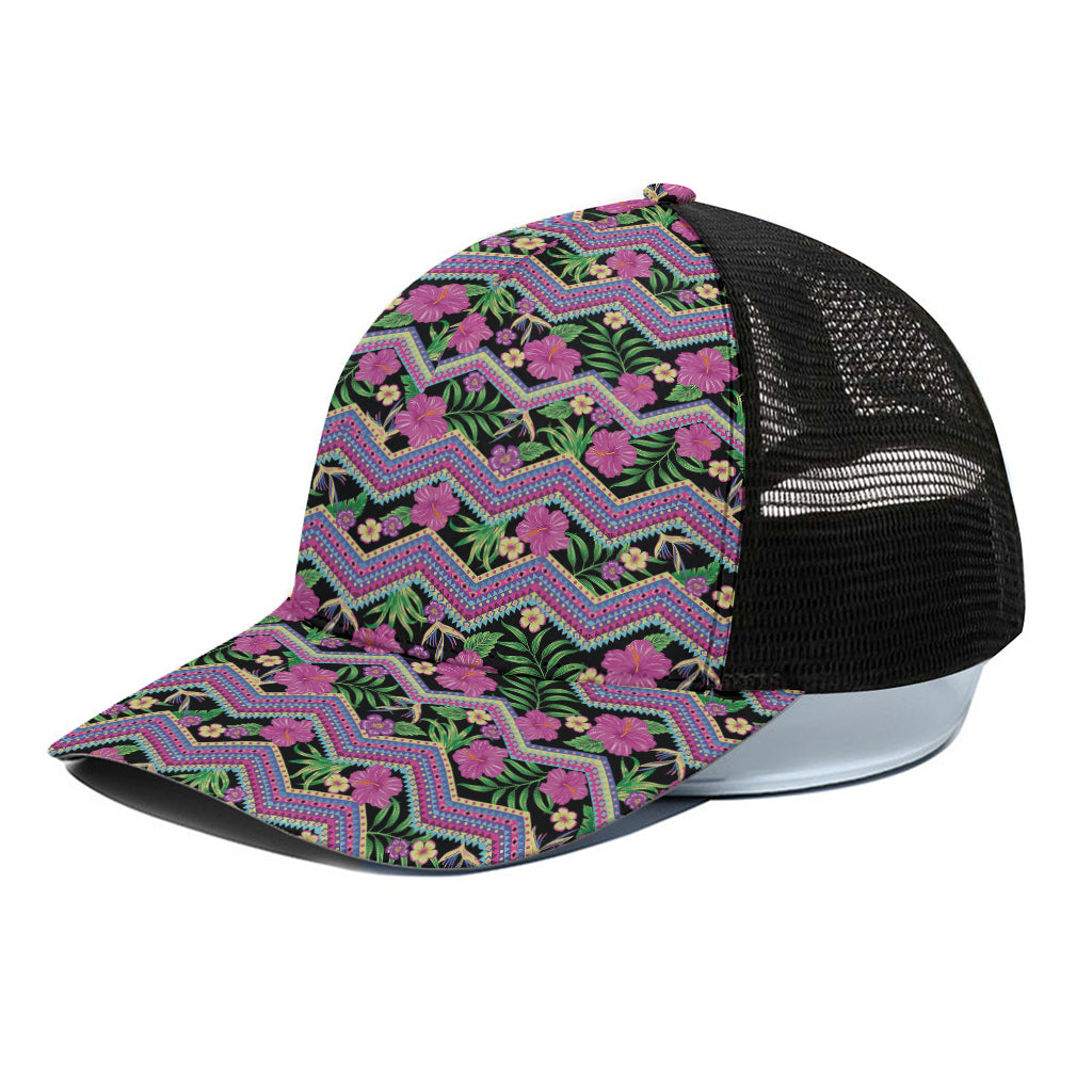 Tropical Hibiscus Flowers Aztec Print Black Mesh Trucker Cap