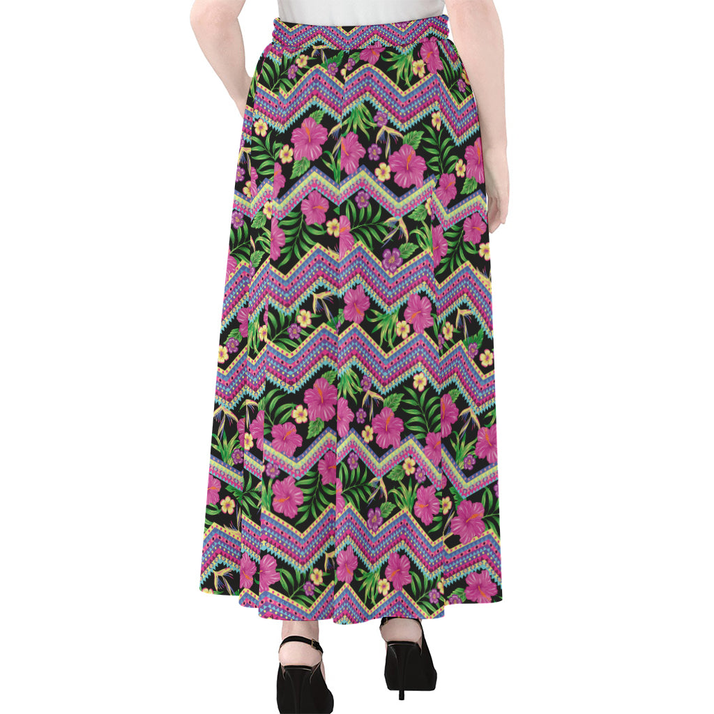 Tropical Hibiscus Flowers Aztec Print Chiffon Maxi Skirt