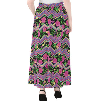Tropical Hibiscus Flowers Aztec Print Chiffon Maxi Skirt
