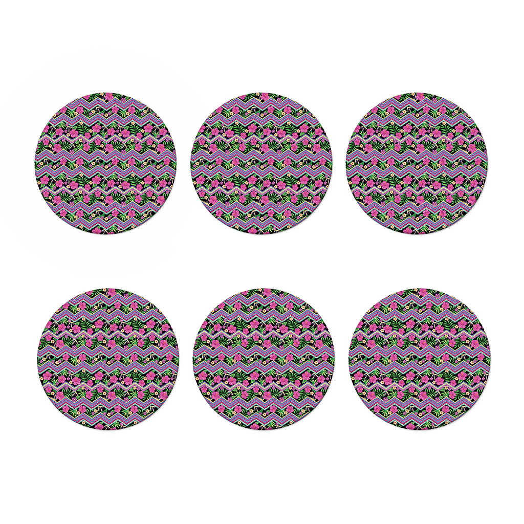 Tropical Hibiscus Flowers Aztec Print Coaster Set