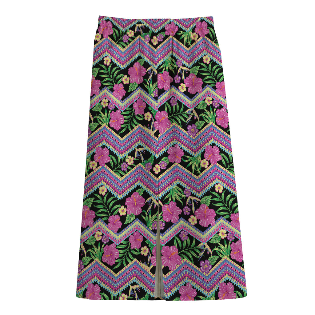 Tropical Hibiscus Flowers Aztec Print Cotton Front Slit Maxi Skirt