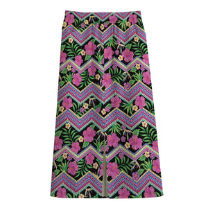 Tropical Hibiscus Flowers Aztec Print Cotton Front Slit Maxi Skirt