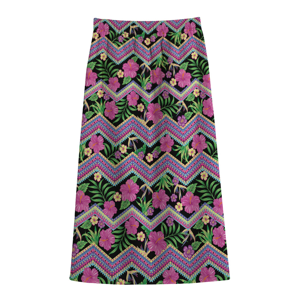 Tropical Hibiscus Flowers Aztec Print Cotton Front Slit Maxi Skirt