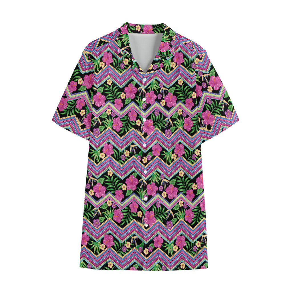 Tropical Hibiscus Flowers Aztec Print Cotton Hawaiian Shirt