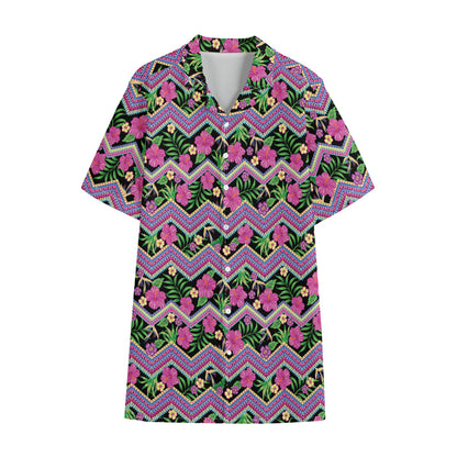 Tropical Hibiscus Flowers Aztec Print Cotton Hawaiian Shirt