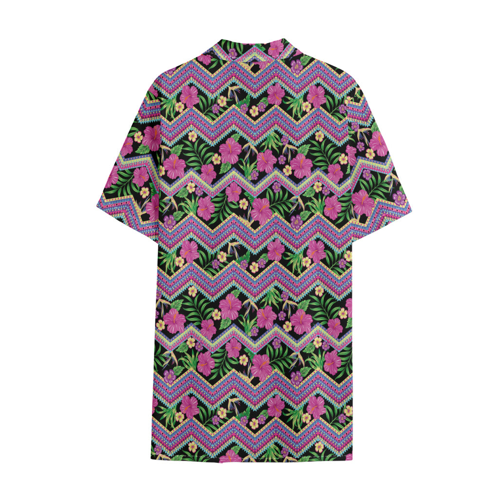 Tropical Hibiscus Flowers Aztec Print Cotton Hawaiian Shirt