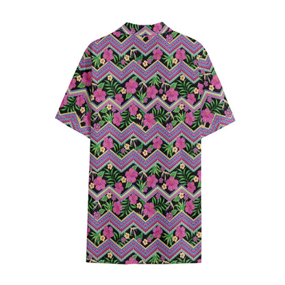 Tropical Hibiscus Flowers Aztec Print Cotton Hawaiian Shirt