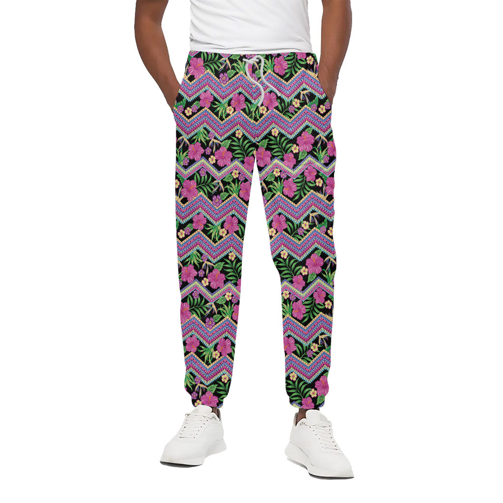 Tropical Hibiscus Flowers Aztec Print Cotton Pants