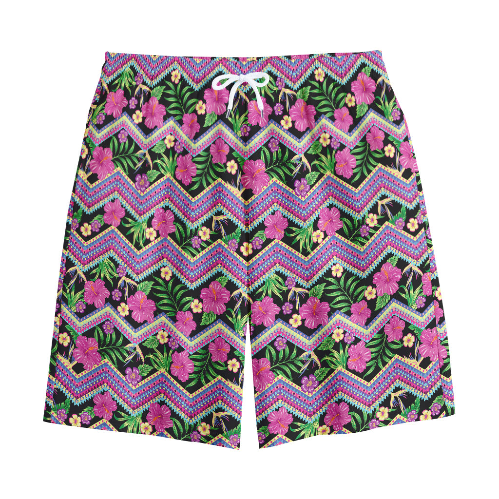 Tropical Hibiscus Flowers Aztec Print Cotton Shorts