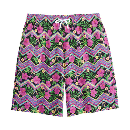 Tropical Hibiscus Flowers Aztec Print Cotton Shorts