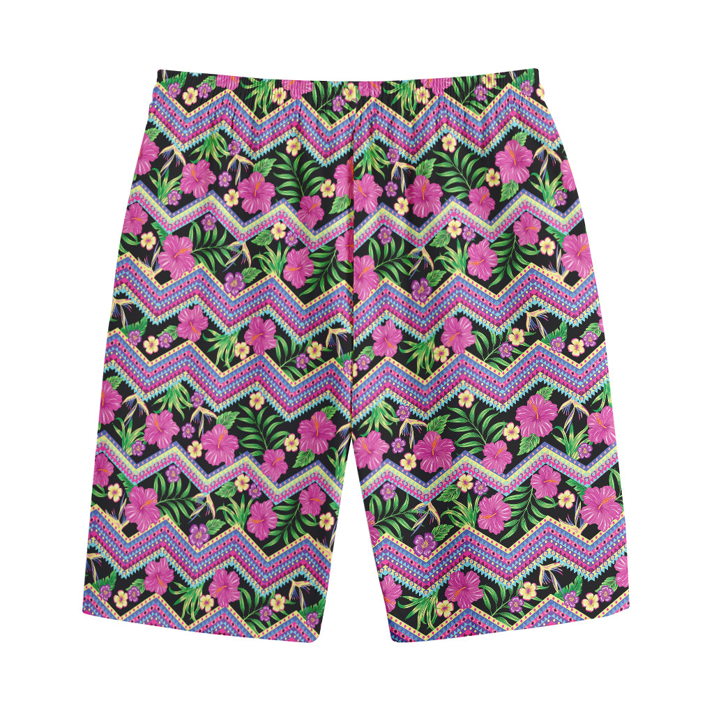 Tropical Hibiscus Flowers Aztec Print Cotton Shorts