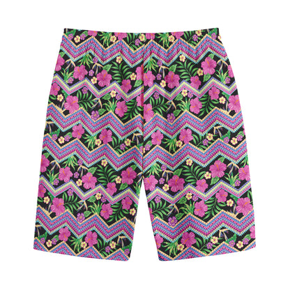 Tropical Hibiscus Flowers Aztec Print Cotton Shorts