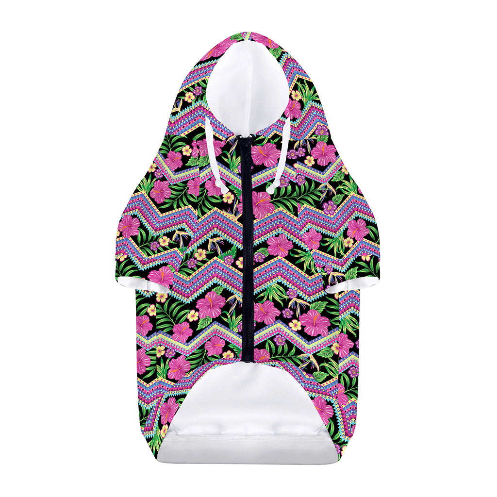 Tropical Hibiscus Flowers Aztec Print Dog Zip Up Hoodie