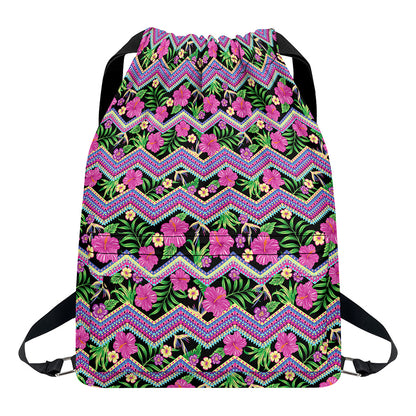 Tropical Hibiscus Flowers Aztec Print Drawstring Backpack