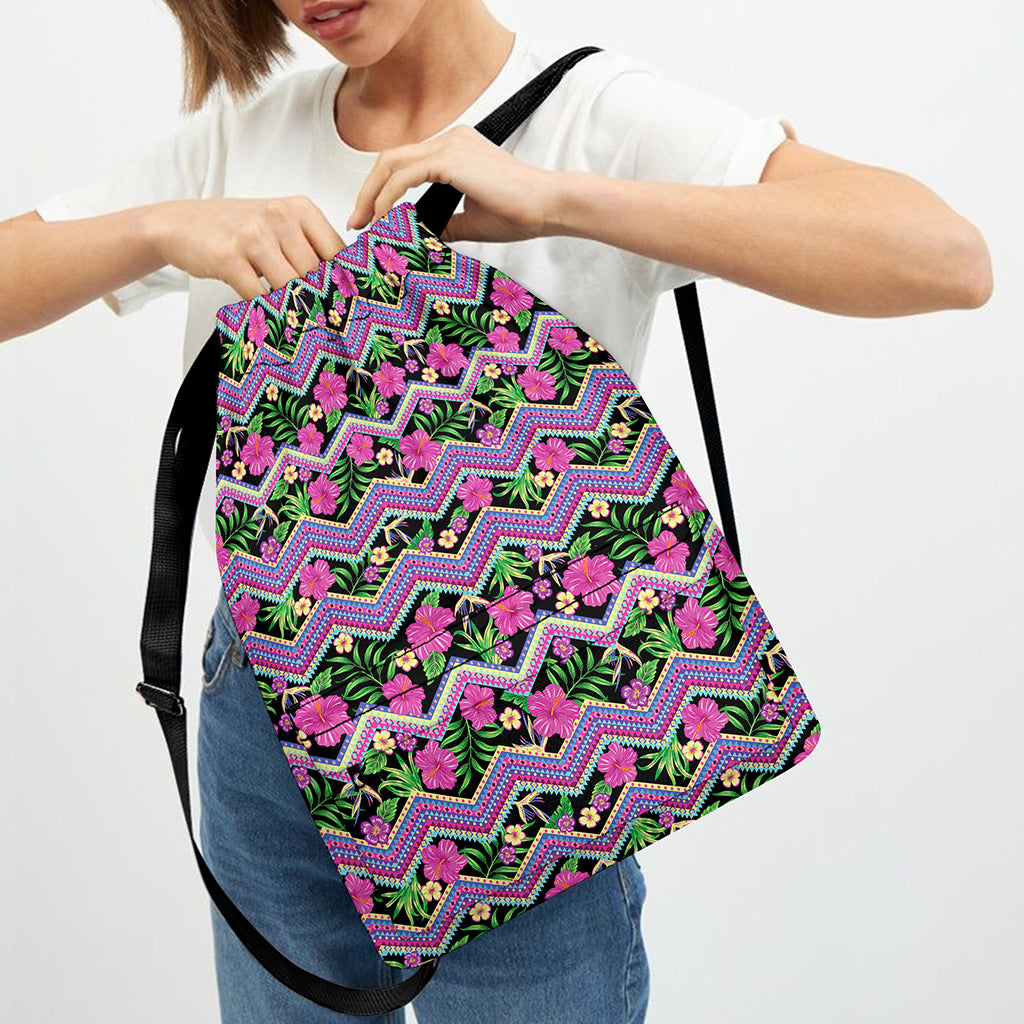 Tropical Hibiscus Flowers Aztec Print Drawstring Backpack