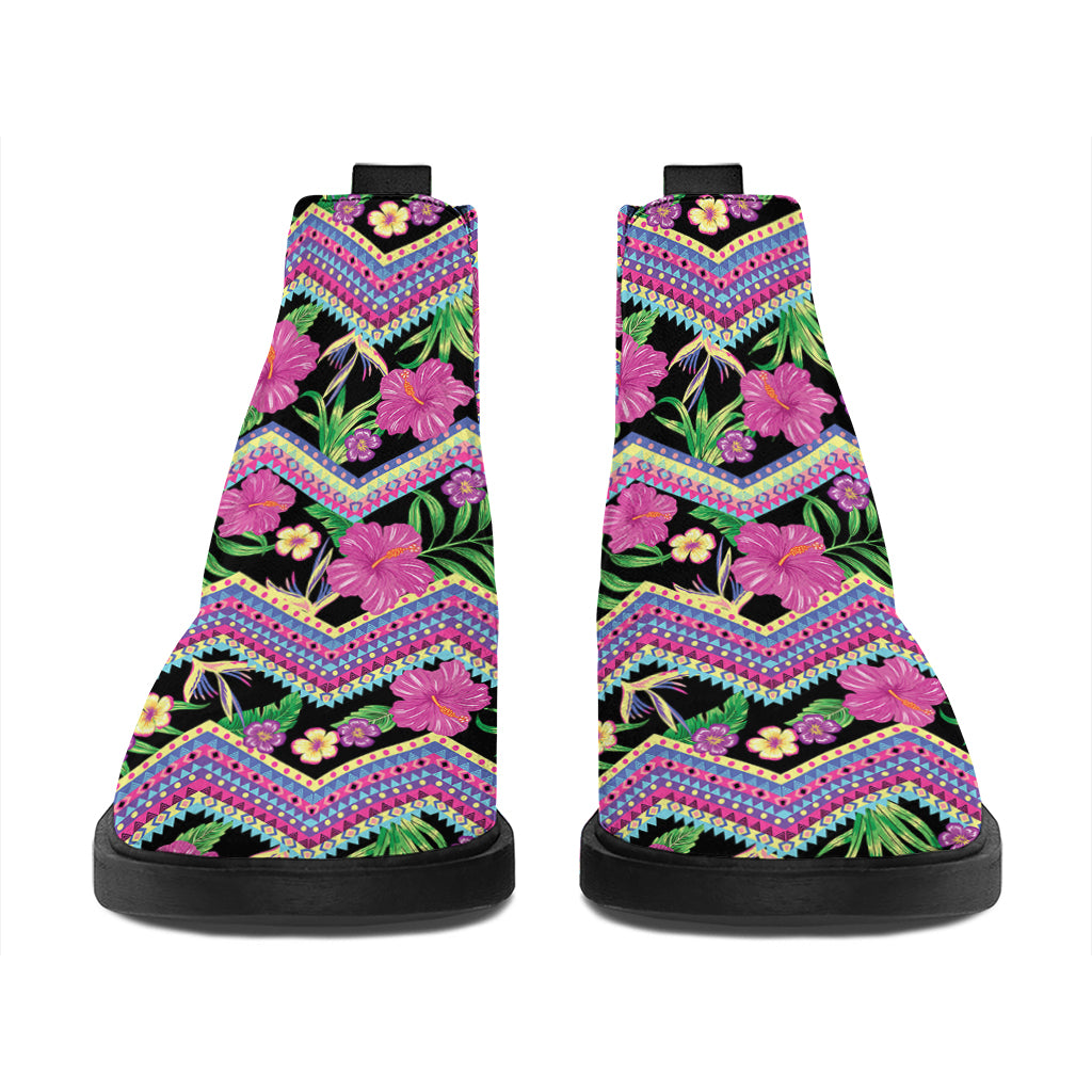 Tropical Hibiscus Flowers Aztec Print Flat Ankle Boots