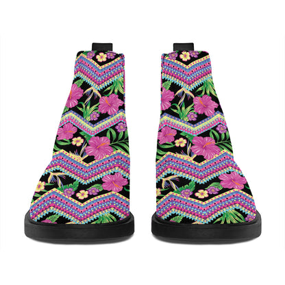 Tropical Hibiscus Flowers Aztec Print Flat Ankle Boots