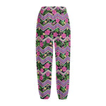 Tropical Hibiscus Flowers Aztec Print Fleece Lined Knit Pants