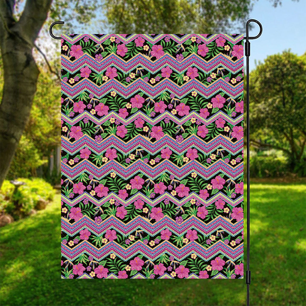 Tropical Hibiscus Flowers Aztec Print Garden Flag