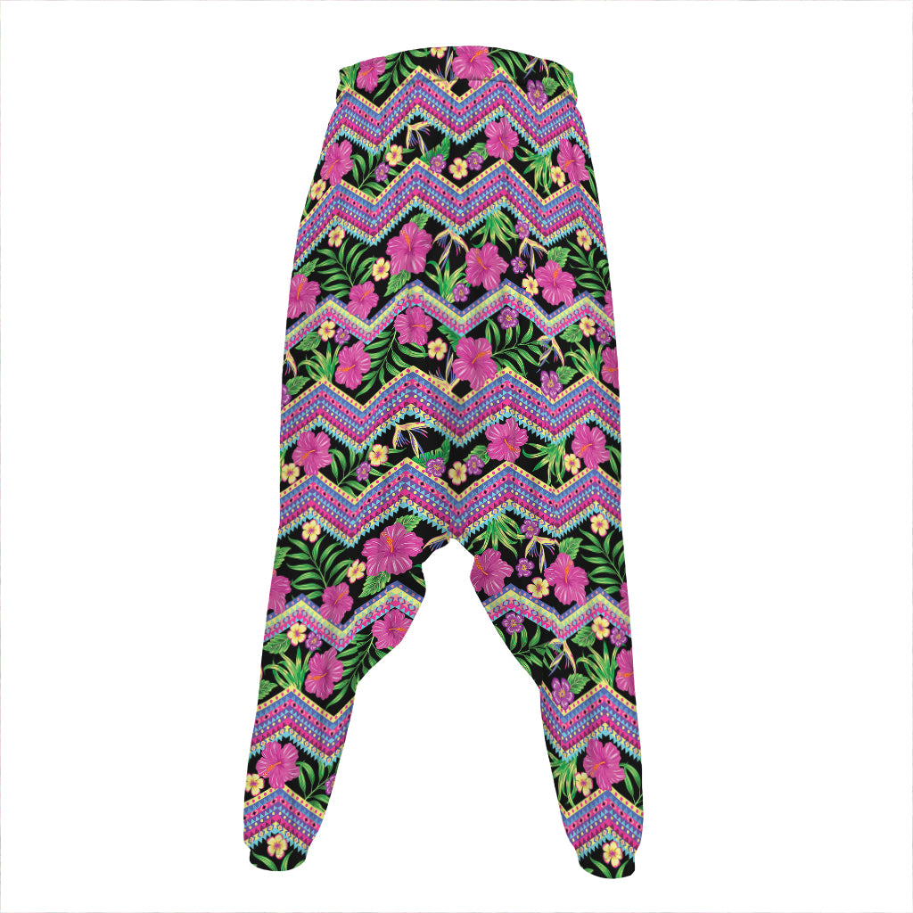 Tropical Hibiscus Flowers Aztec Print Hammer Pants