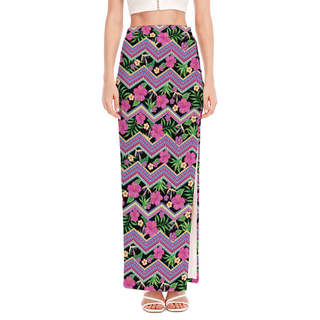 Tropical Hibiscus Flowers Aztec Print High Slit Maxi Skirt