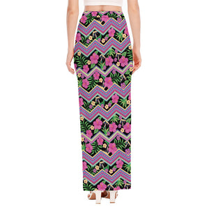 Tropical Hibiscus Flowers Aztec Print High Slit Maxi Skirt