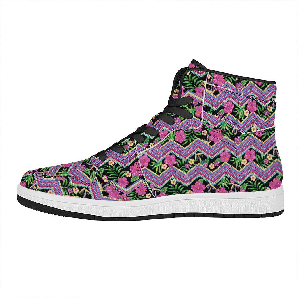 Tropical Hibiscus Flowers Aztec Print High Top Leather Sneakers