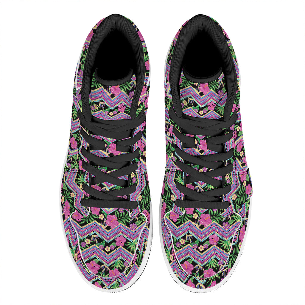 Tropical Hibiscus Flowers Aztec Print High Top Leather Sneakers
