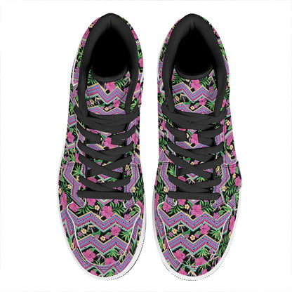 Tropical Hibiscus Flowers Aztec Print High Top Leather Sneakers