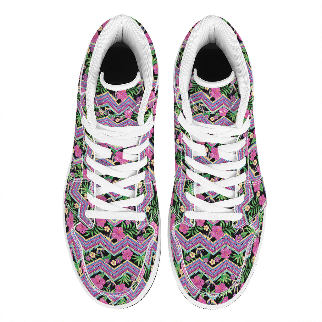 Tropical Hibiscus Flowers Aztec Print High Top Leather Sneakers