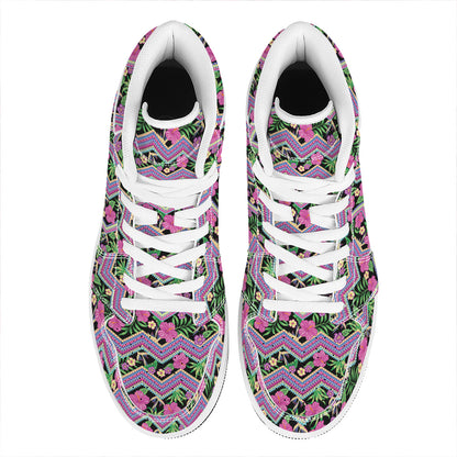 Tropical Hibiscus Flowers Aztec Print High Top Leather Sneakers