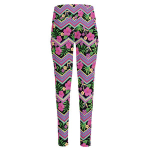 Tropical Hibiscus Flowers Aztec Print High-Waisted Pocket Leggings